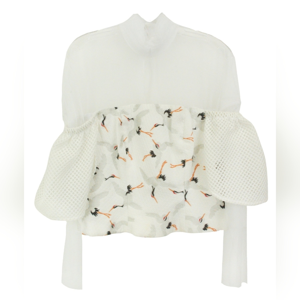 NWT Hanh Merriman bird embroidered layered tulle puffed sleeve blouse